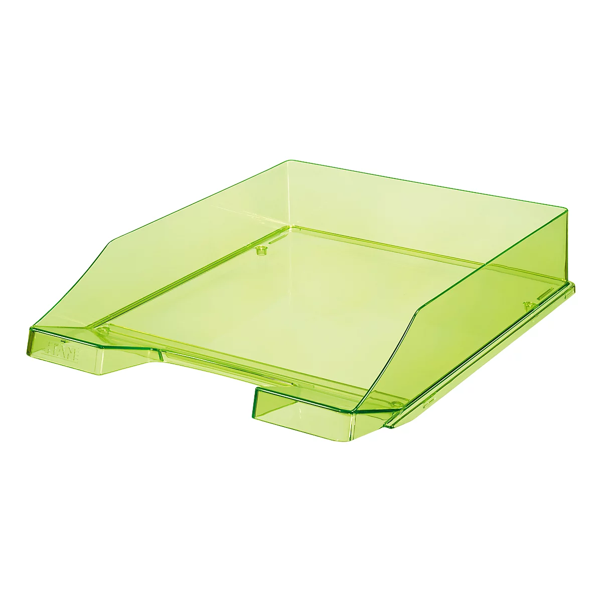 Green, transparent letter tray. Rectangular shape, slightly inclined. Supported on two low feet.