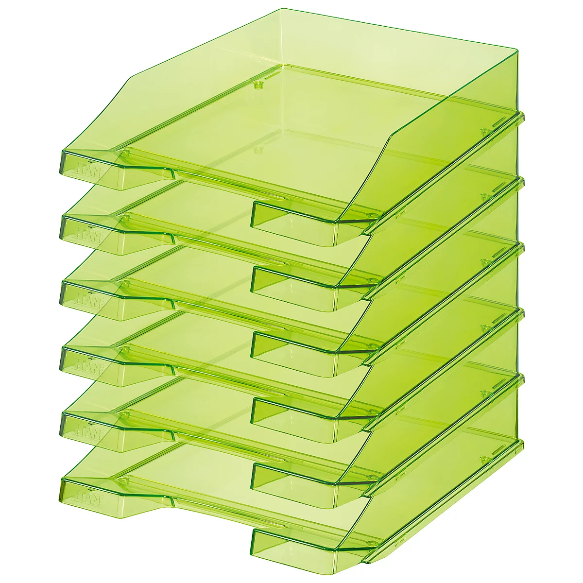 A stack of transparent, green letter trays.