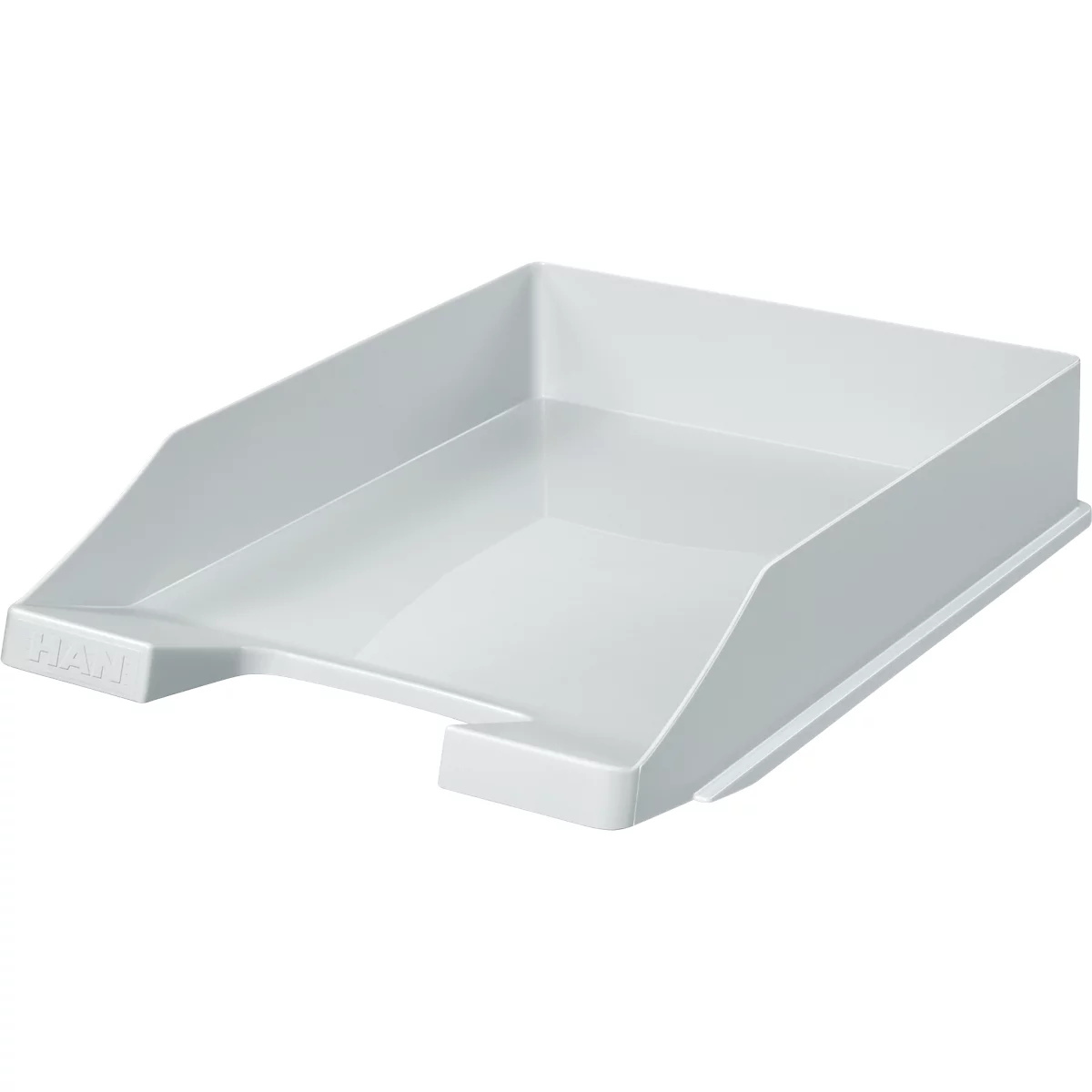 White tray with angled sides and logo. Placed on a light background.