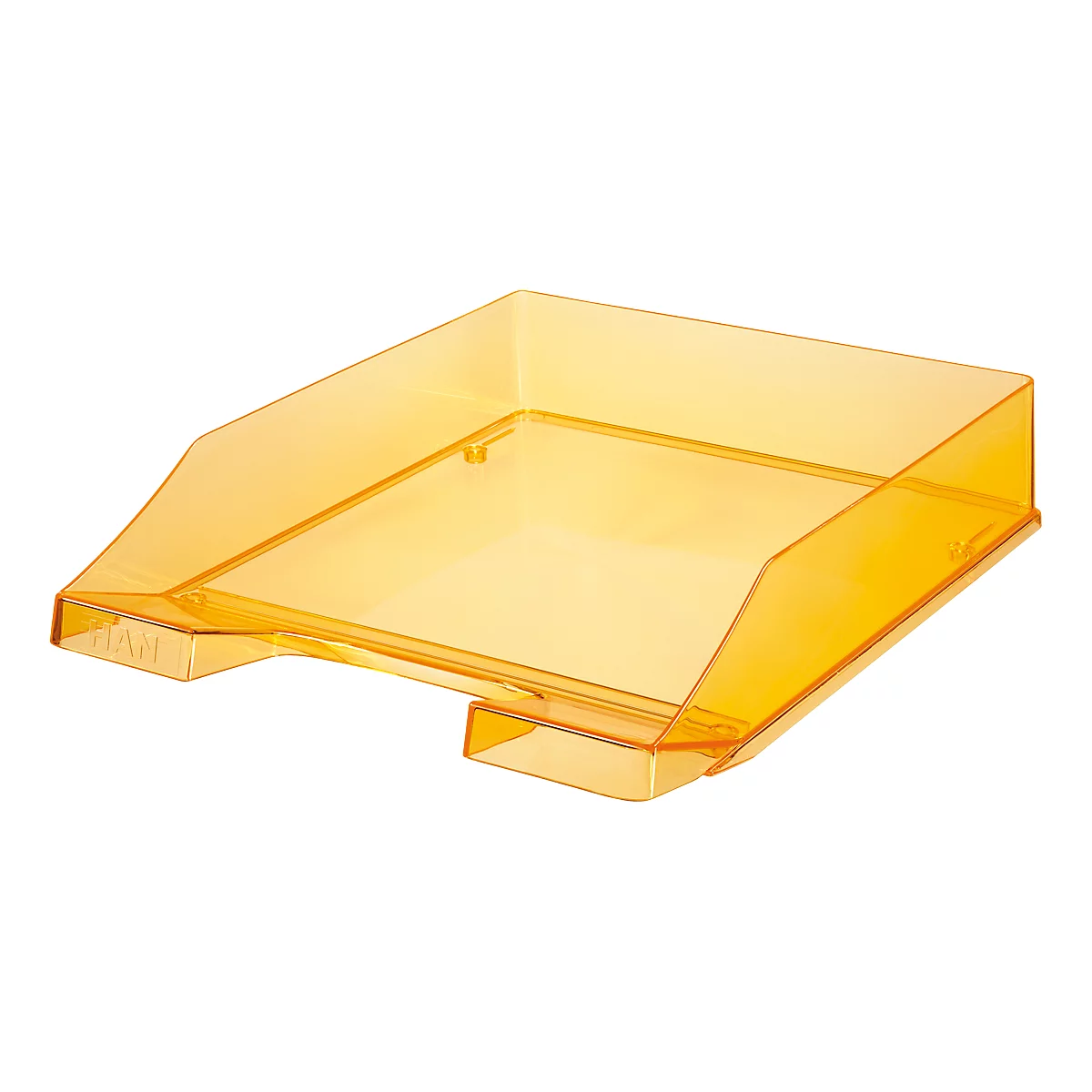 Transparent orange desk tray. It has a low edge and a slanted front.