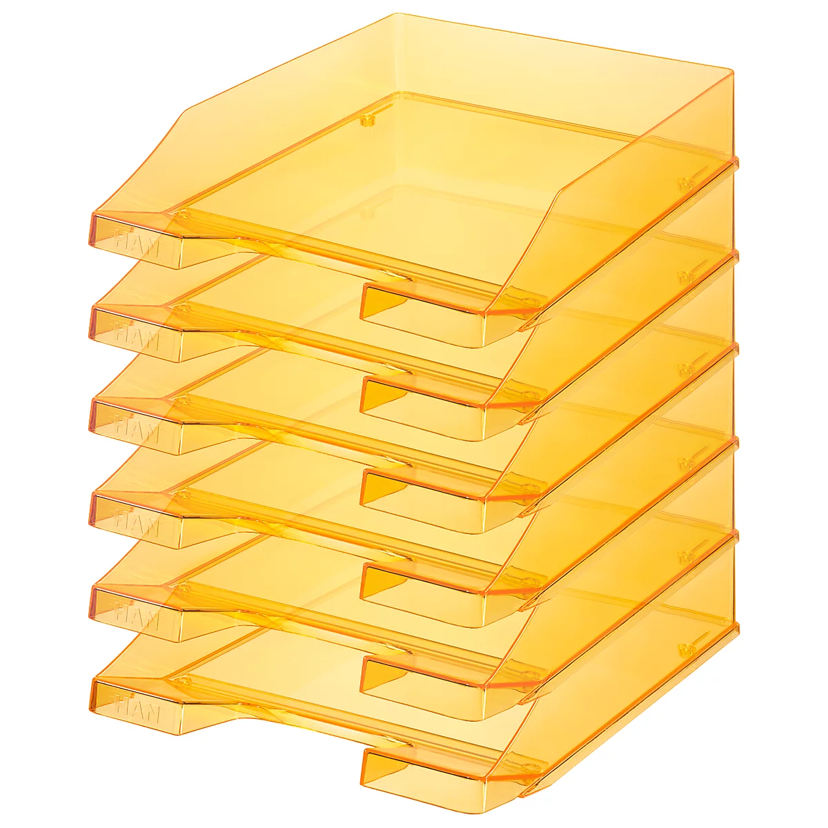 A yellow, transparent filing system with five angled trays.
