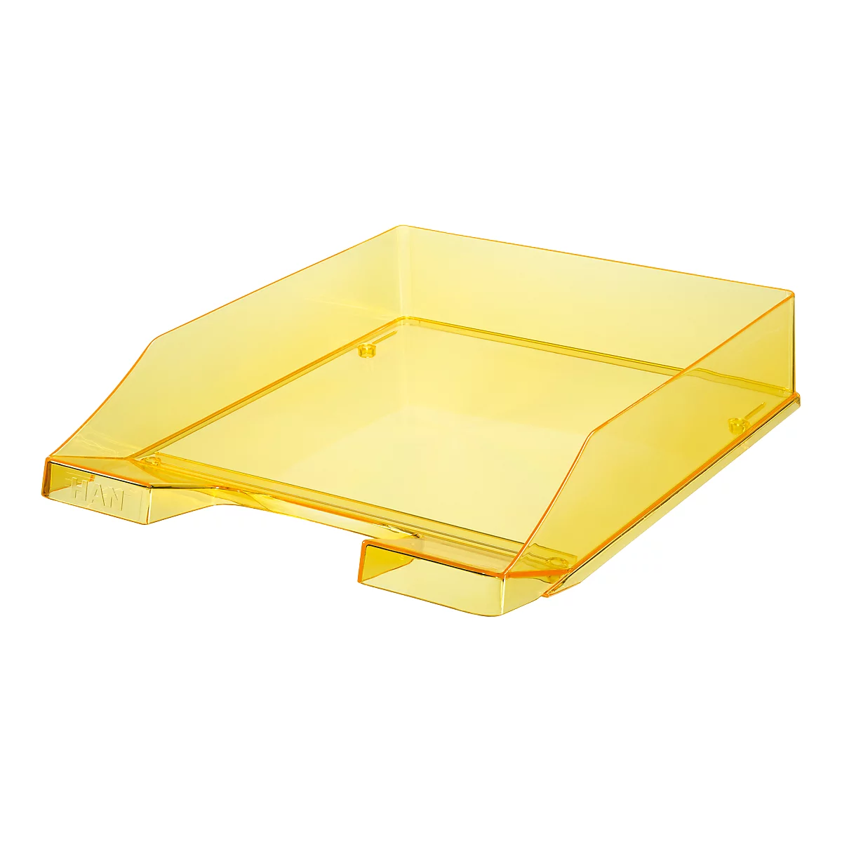 Yellow transparent tray, photographed diagonally from above.