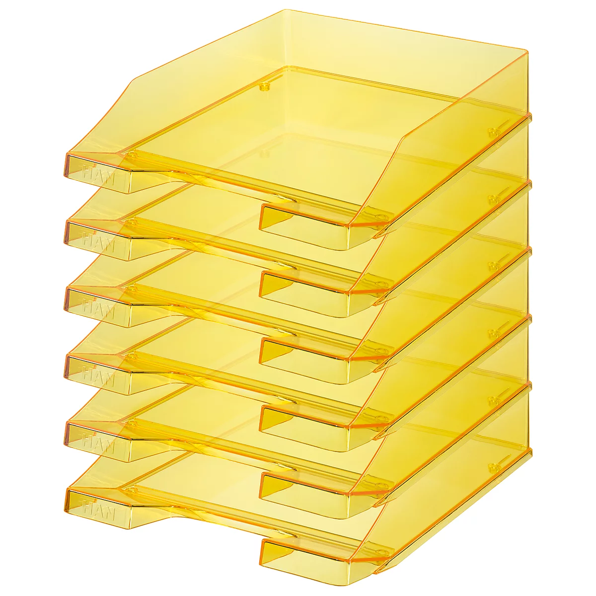 Yellow, transparent filing system with five compartments, arranged at an angle.