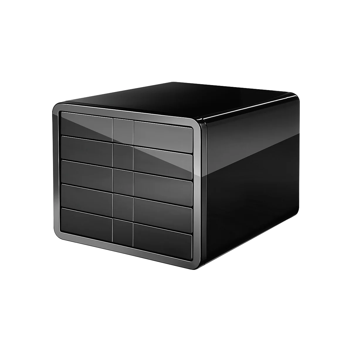 Black, cuboid device with 5 drawers. Glossy surface and rounded edges. The lower part reflects.