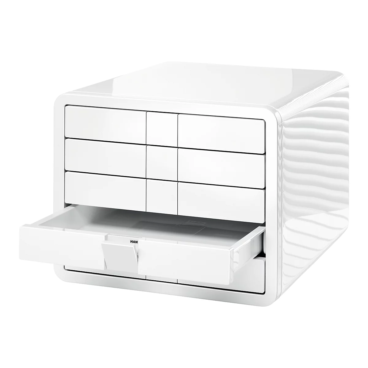 White desk cabinet with six drawers, one is open.