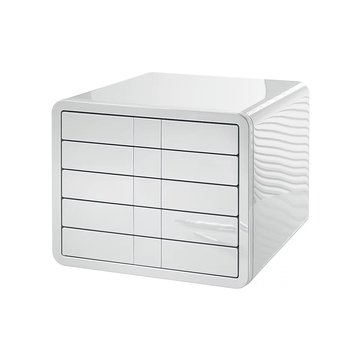 White bedside table with rounded corners. It has five drawers with horizontal black lines. The material appears to be shiny.