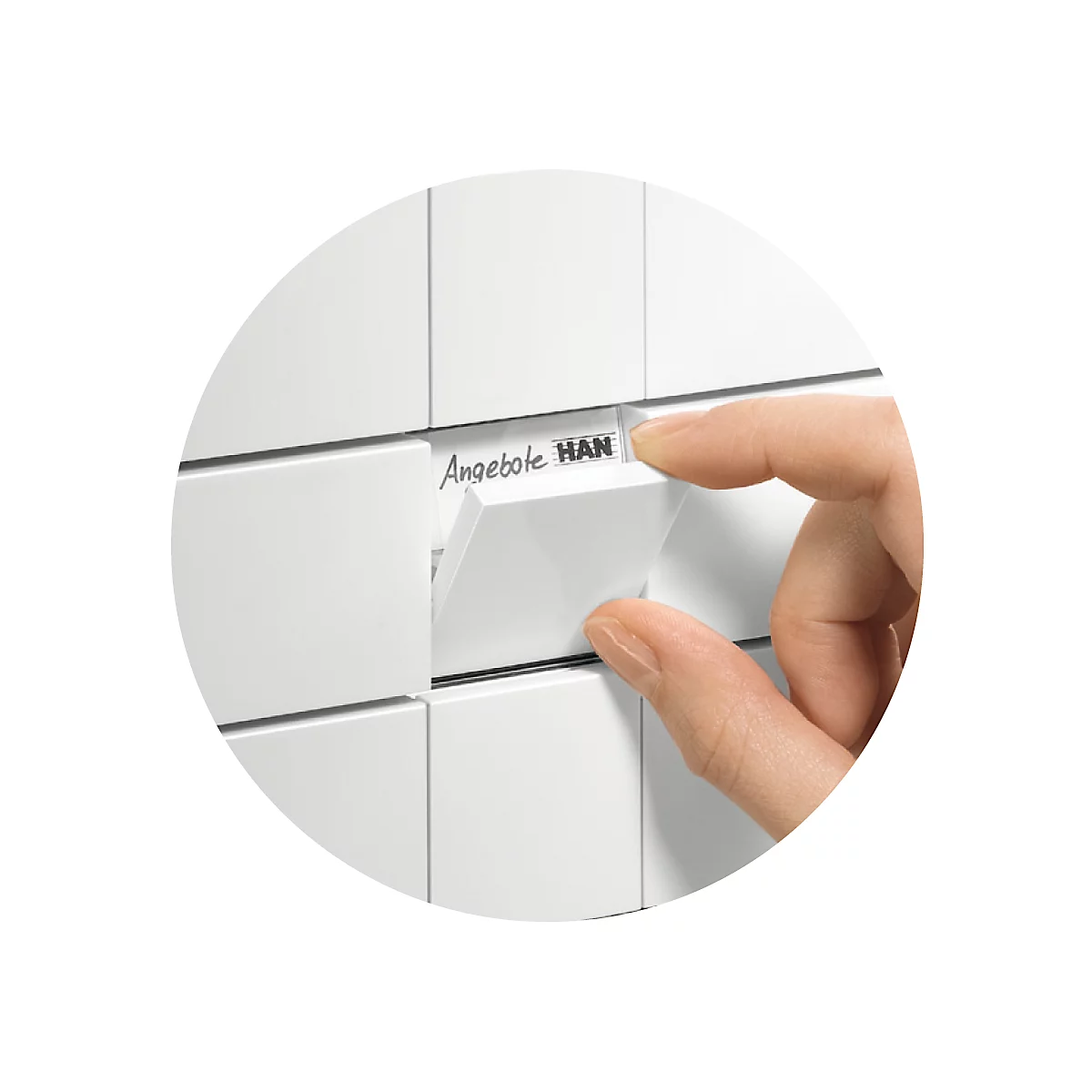 A white, square element labeled 'Angebote HAN' is being opened by a hand.
