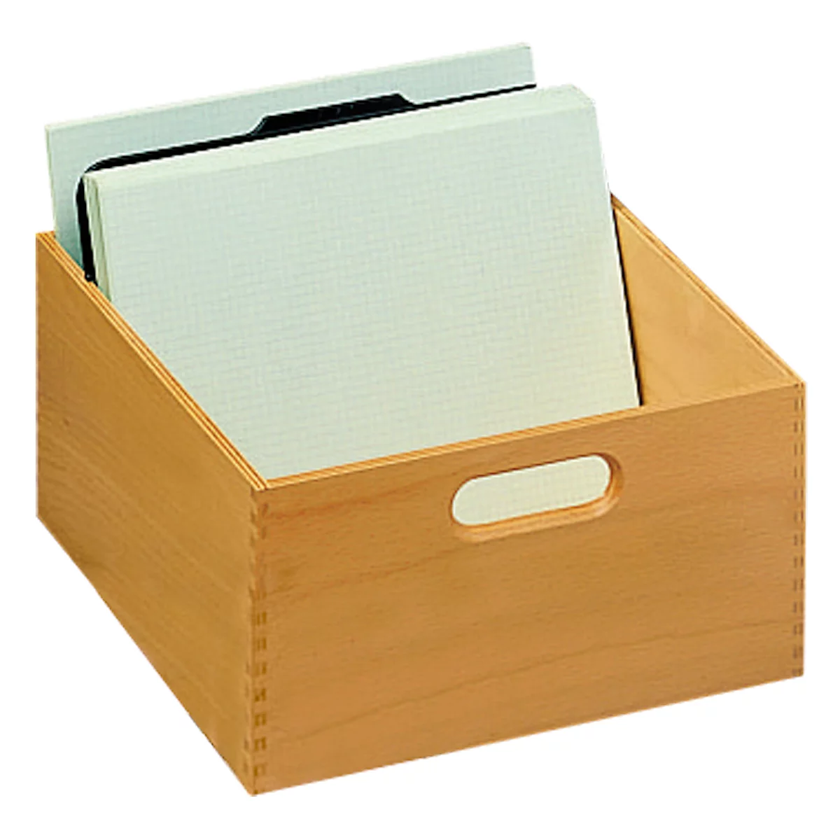 Wooden box with handle hole. It contains papers. Light brown wood with light papers.