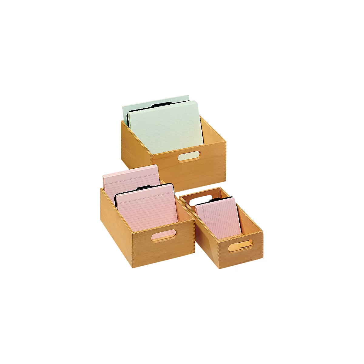 Three wooden boxes with pink and green notepads, with black handle.