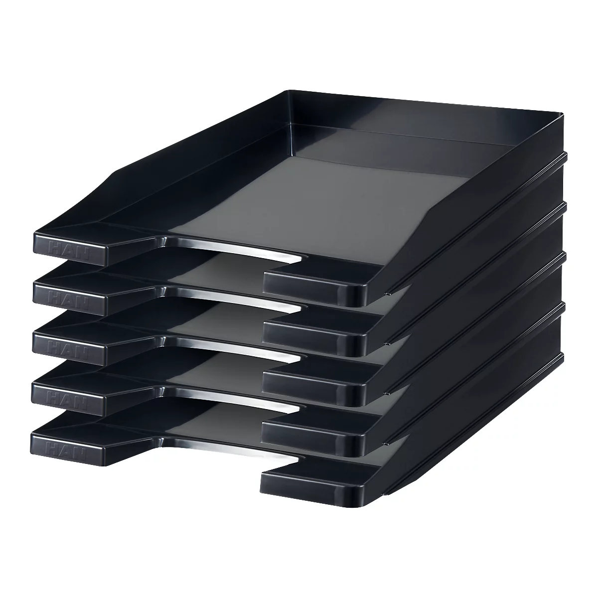 Black plastic filing system, consisting of five stackable trays.