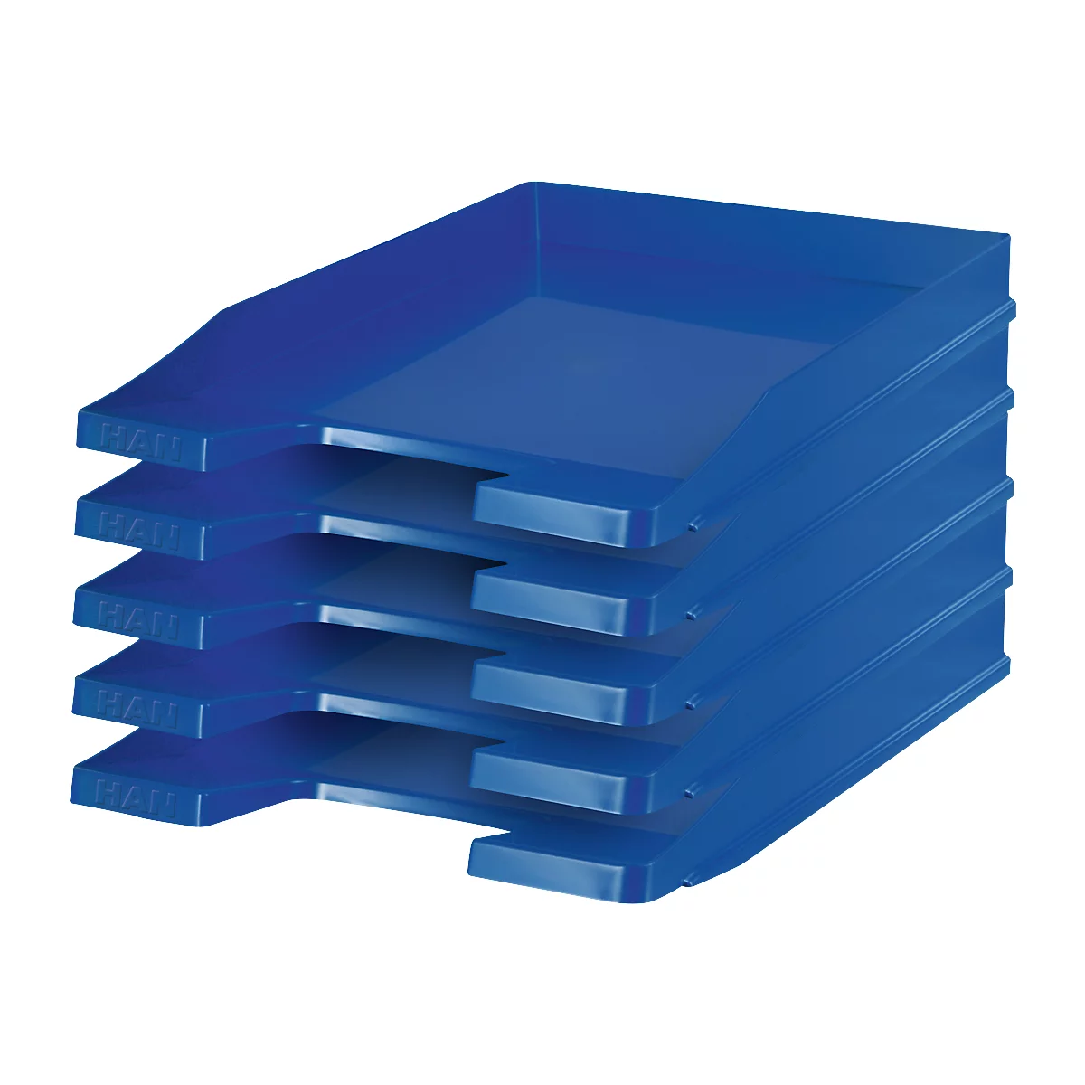 Blue, stackable document tray with four compartments. Inscription: HALL.