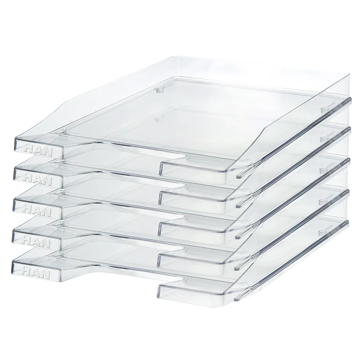 Stack of transparent document trays. Each tray is labeled 'HAN'.