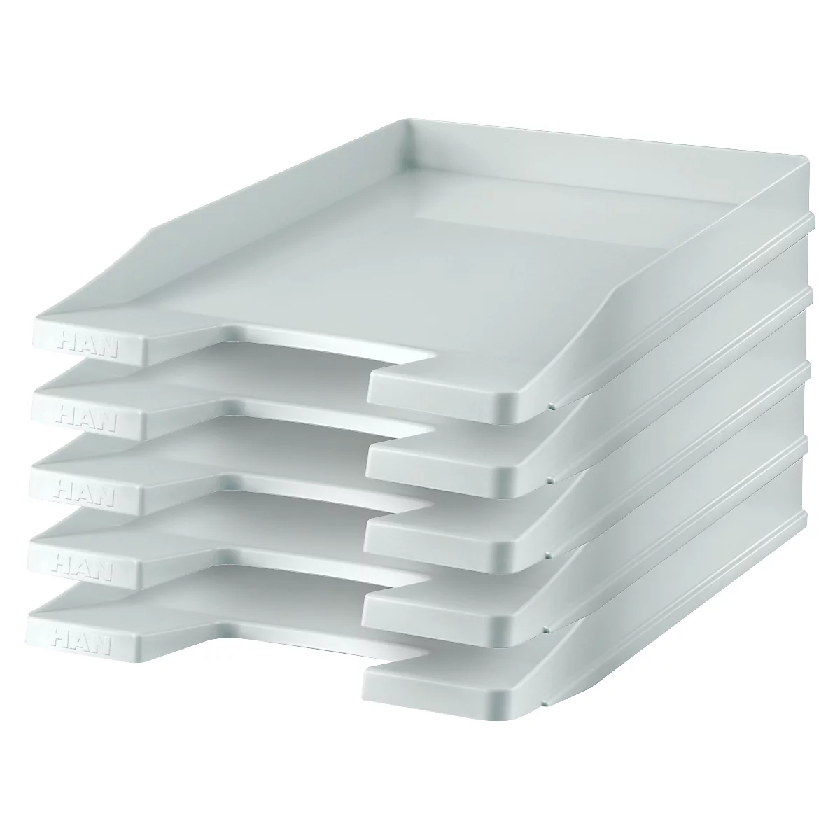Stack of white, rectangular document trays stacked on top of each other.