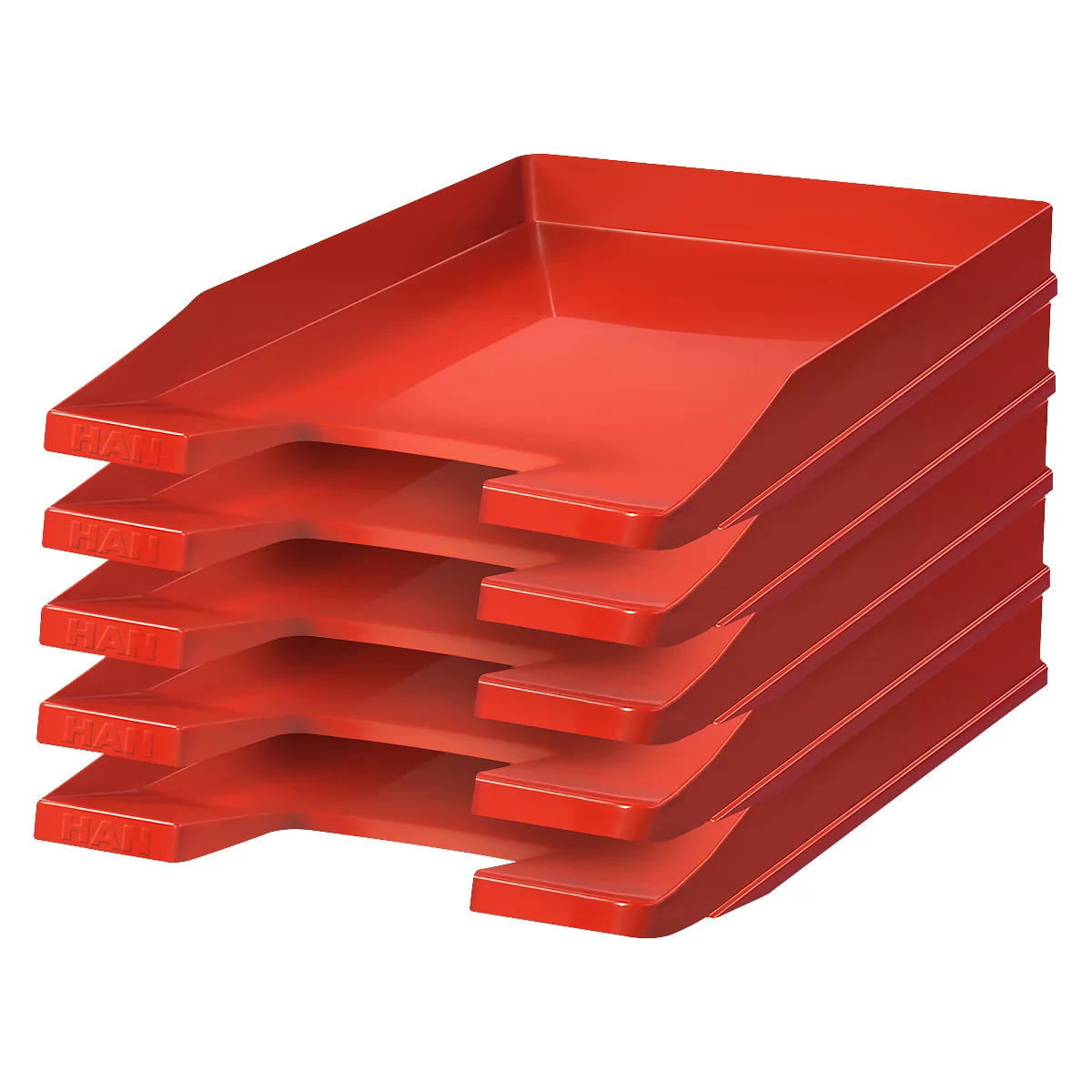 A red plastic letter tray stack with four compartments. The trays are slightly rounded.
