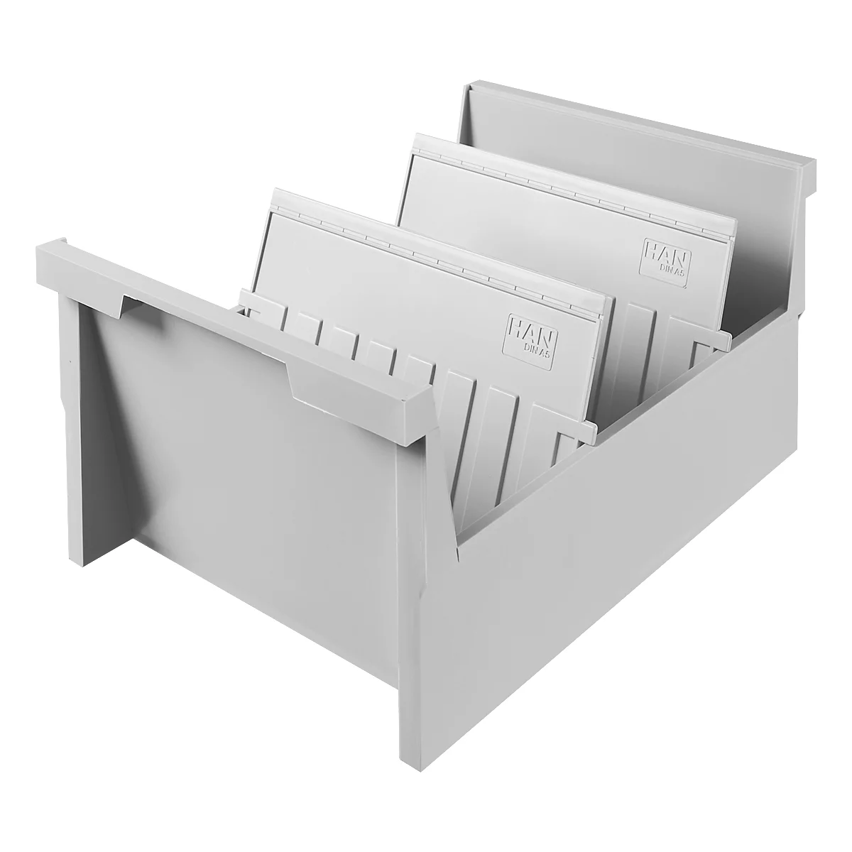 Gray storage box with dividers, holding sheets. The word "HAN" is visible on the dividers.