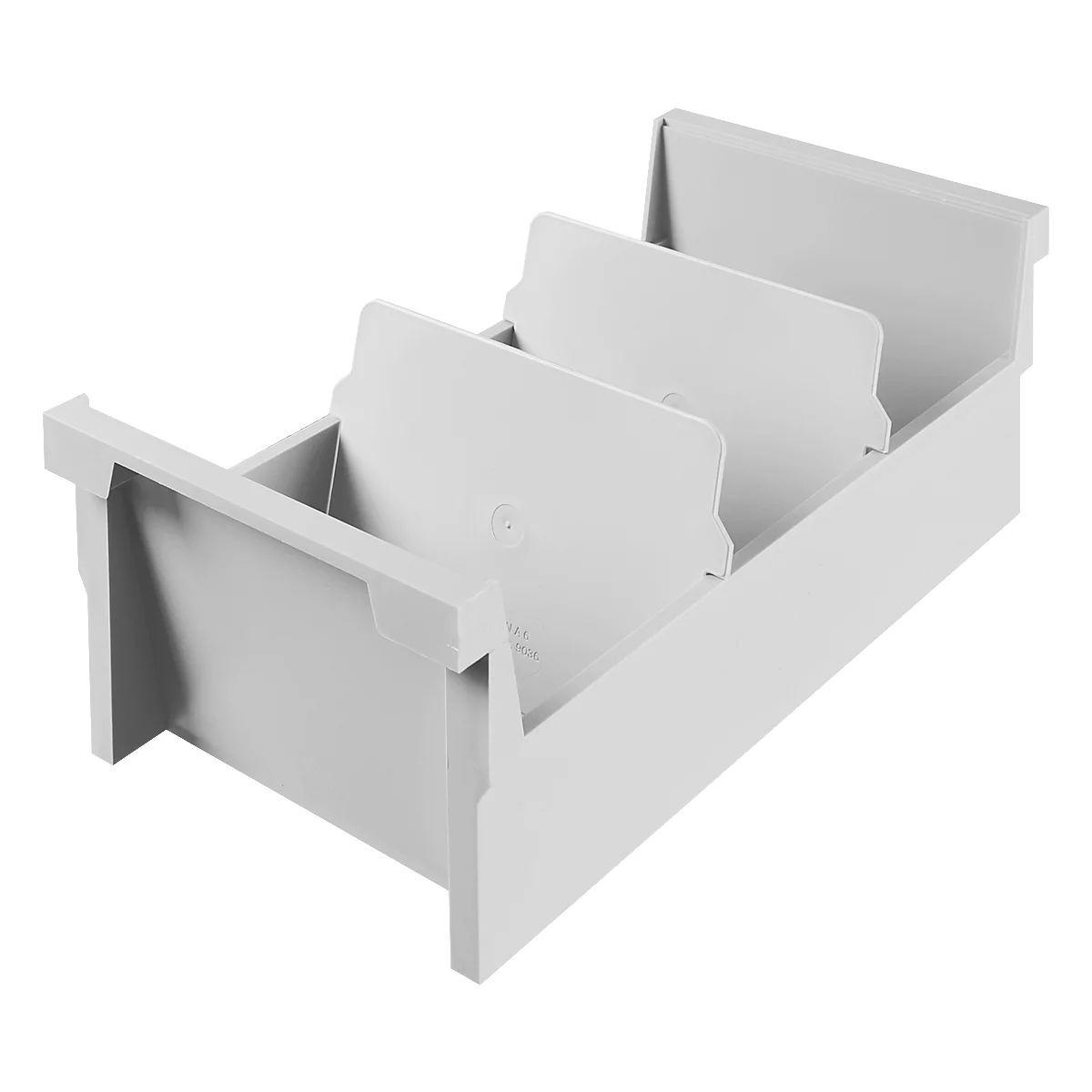 Light grey plastic drawer divider. It is divided into three compartments.