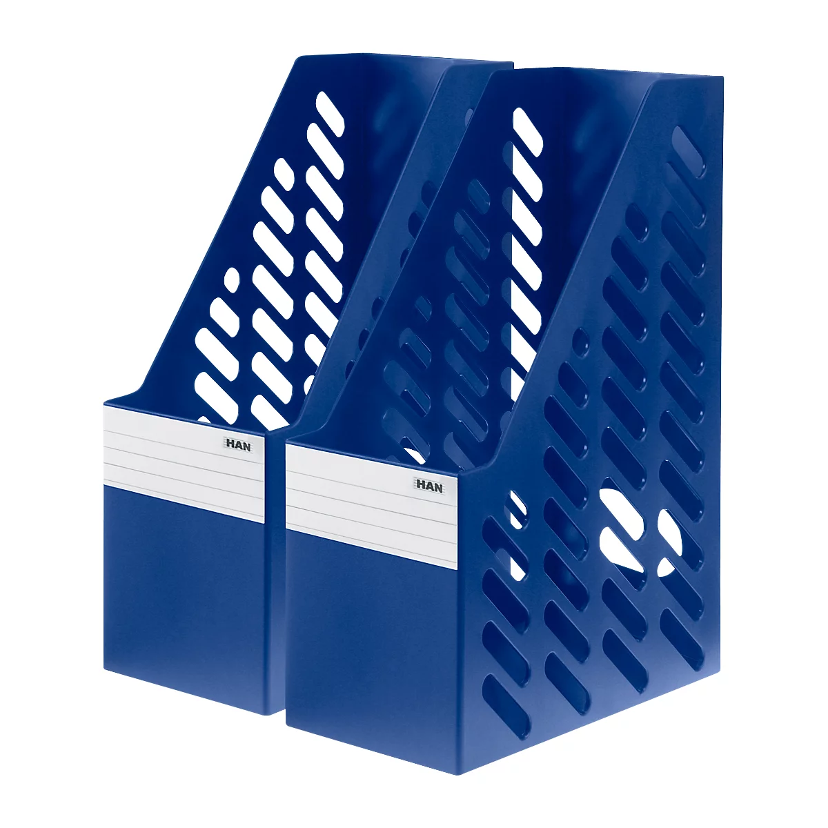 Zwei blaue HAN-Zeitschriftenhalter mit Aussparungen und weissen Etiketten.