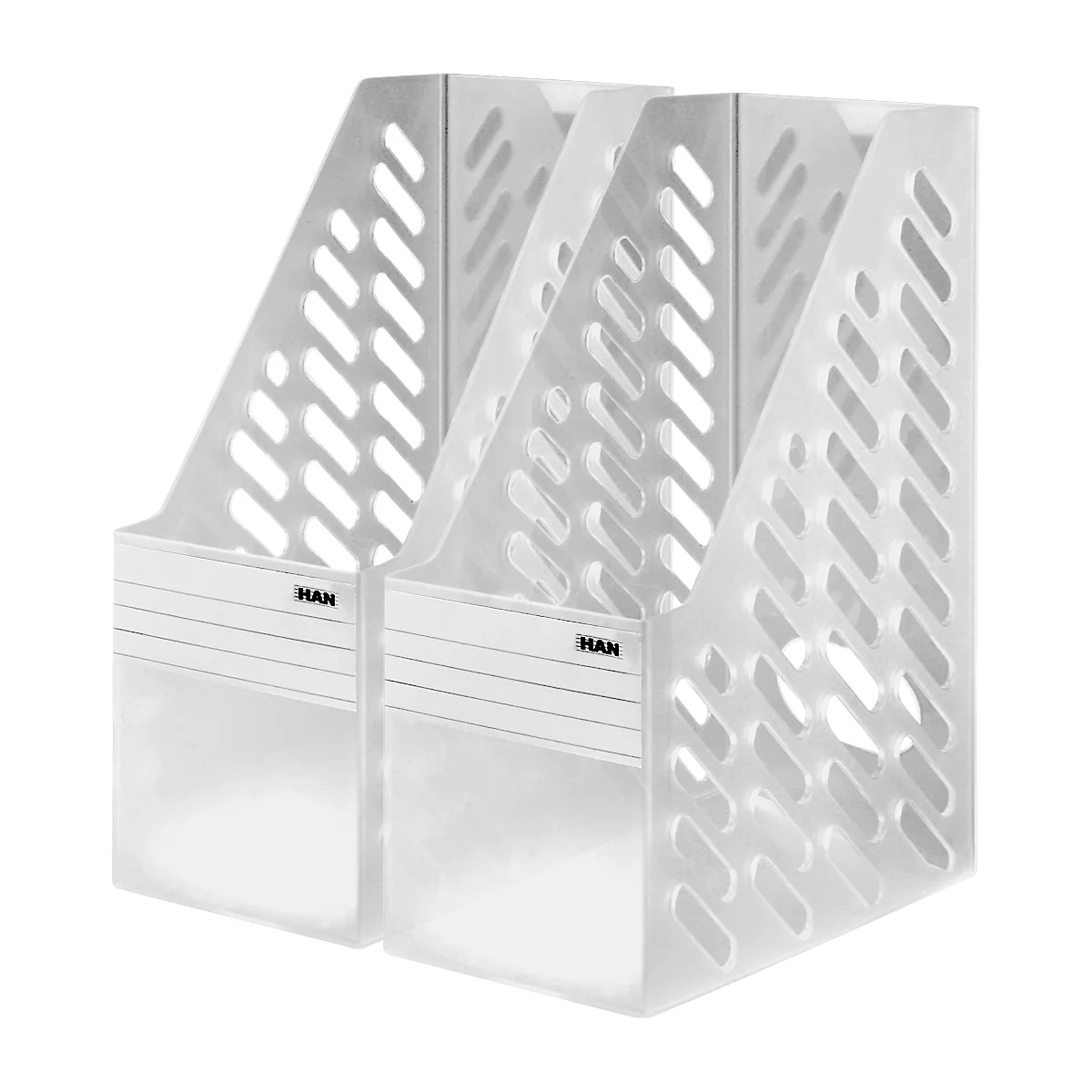 Zwei transparente, perforierte Dokumentenhalter mit dem Schriftzug "HAN".