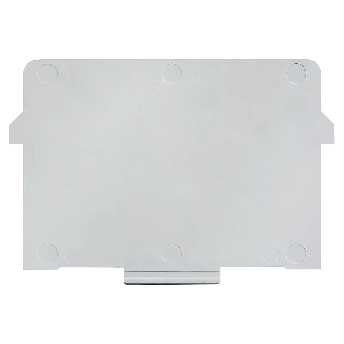 Rectangular white plastic cover with rounded corners and recesses for screws.