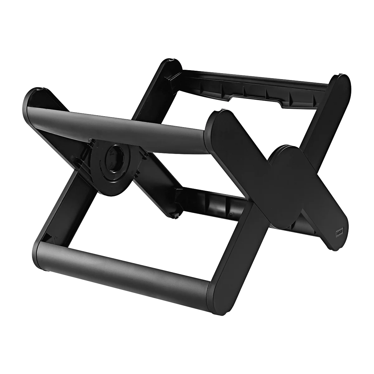 Black, foldable laptop stand in an X-shape.