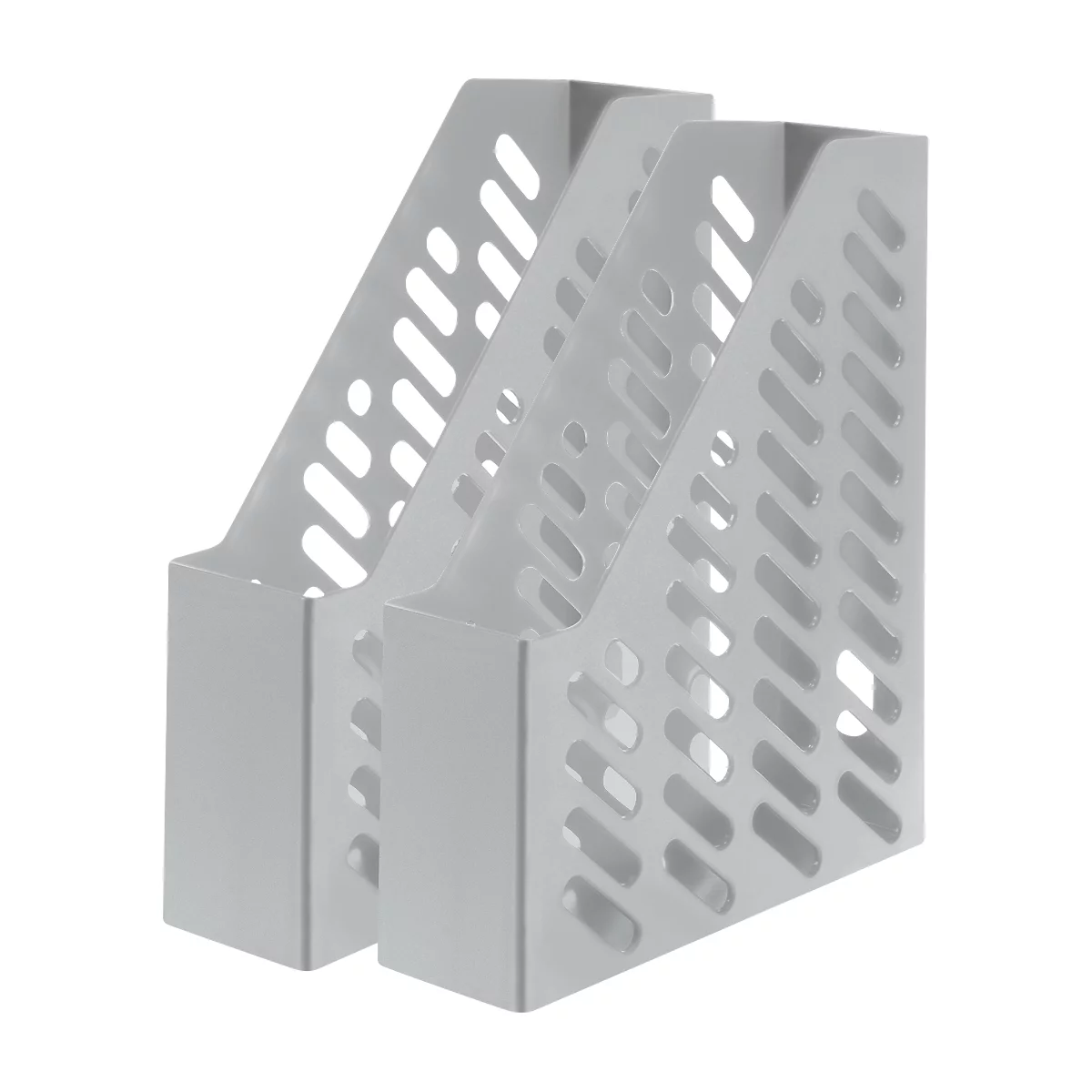 Drie witte tijdschrifthouders, geperforeerd, staan naast elkaar.