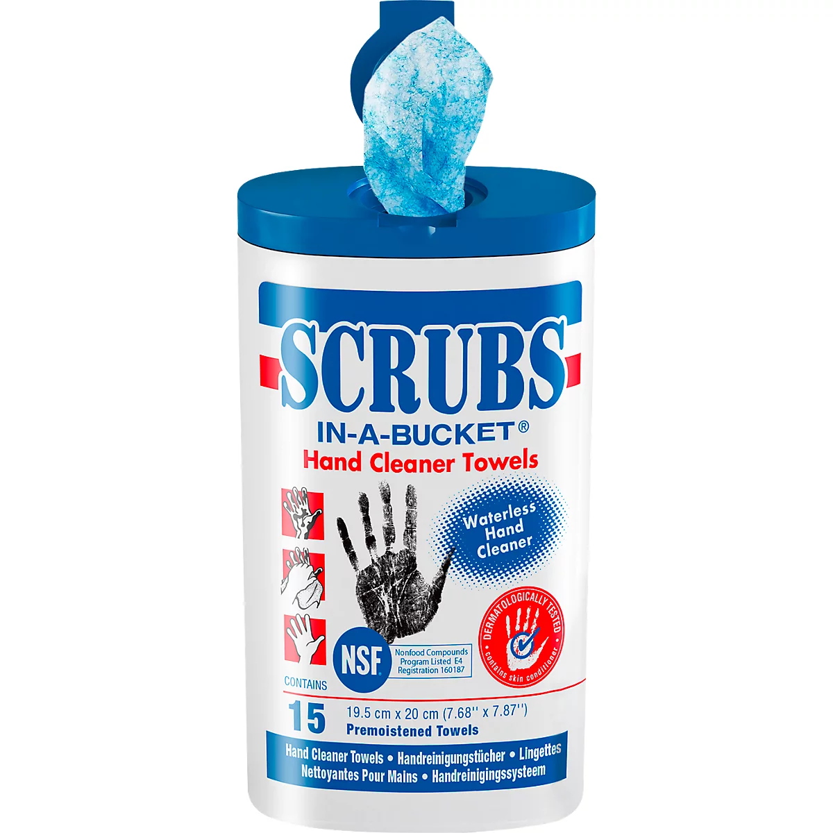 White and blue hand cleaner towels in a bucket. Text reads: SCRUBS IN-A-BUCKET. Handprint, waterless hand cleaner.