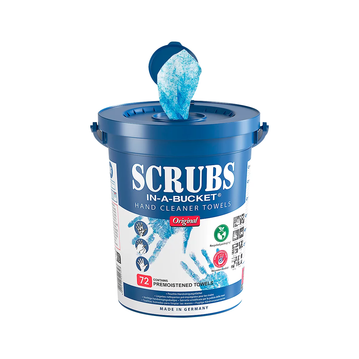 Blue bucket labeled SCRUBS IN-A-BUCKET Hand Cleaner Towels. Blue cleaning towels are coming out from the top.