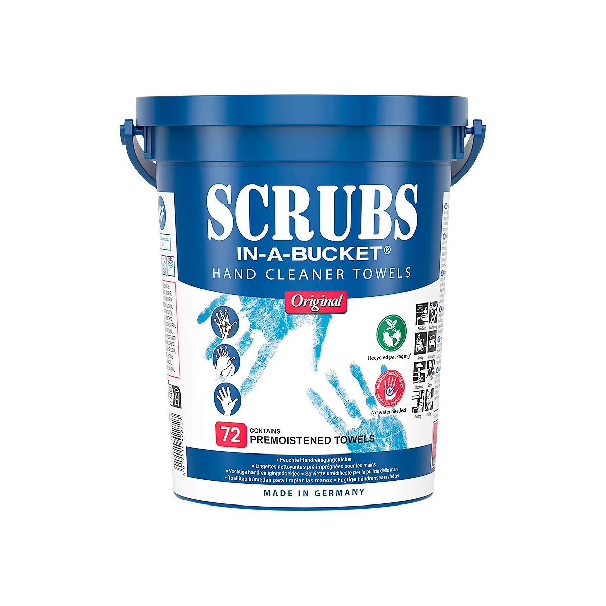 Bucket of cleaning towels. Inscription: SCRUBS, IN-A-BUCKET, Hand Cleaner Towels. Contains 72 pre-moistened towels.