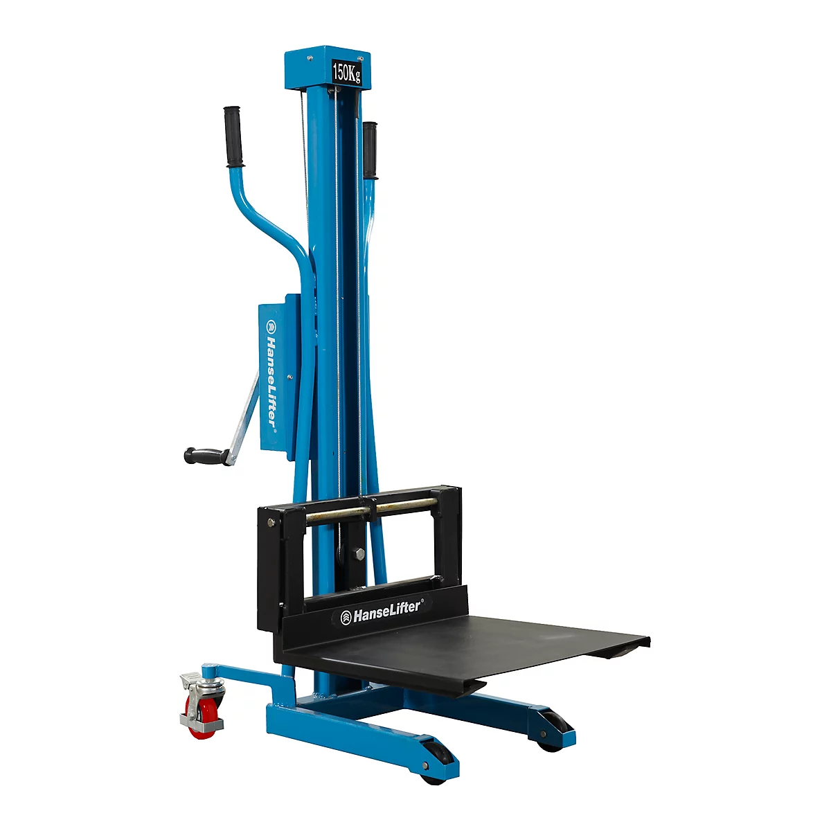 Blue HanseLifter lift truck carrying a black platform for lifting. It reads 150kg.