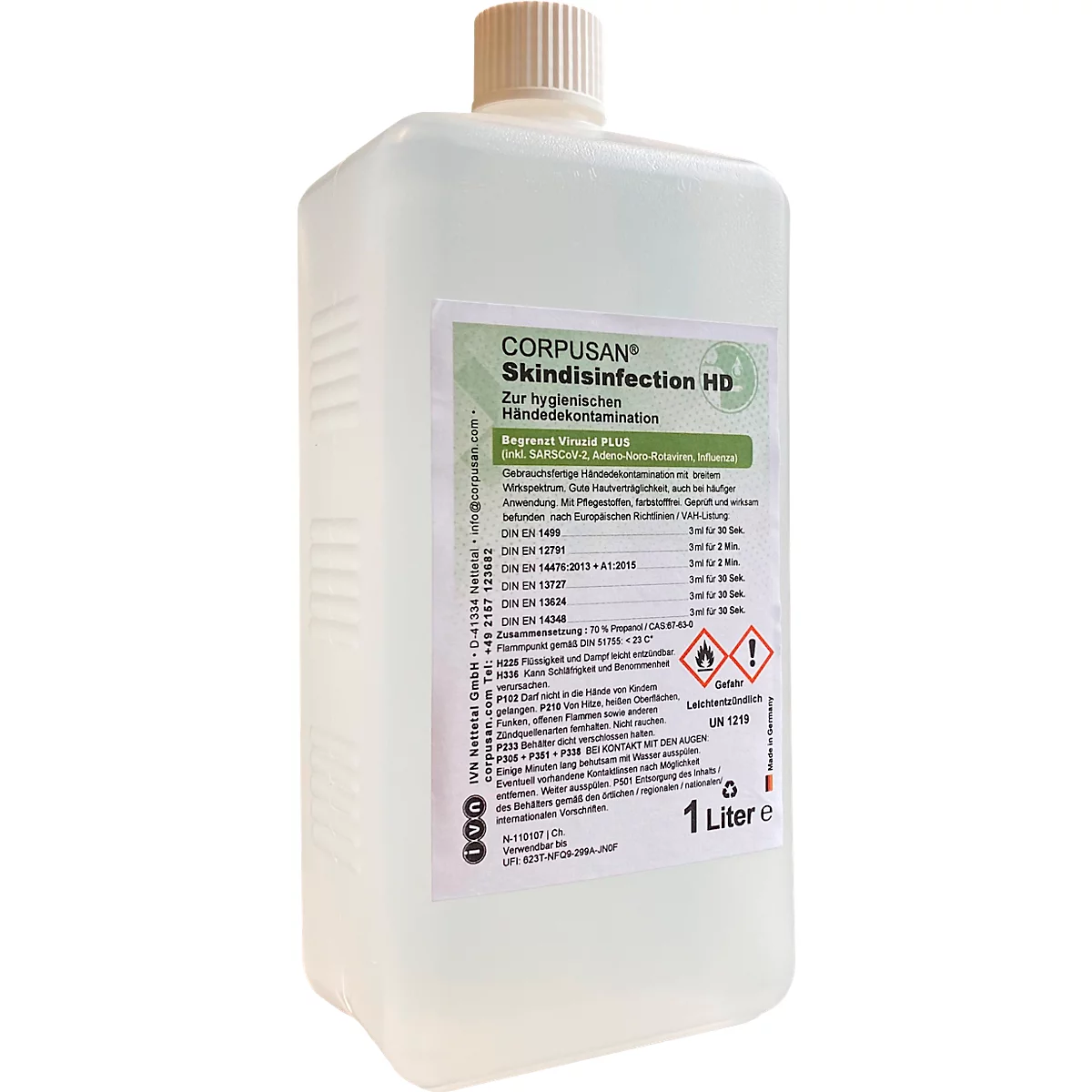A bottle of Corpusan Skindisinfection HD, 1 liter. Label with product information, green background.