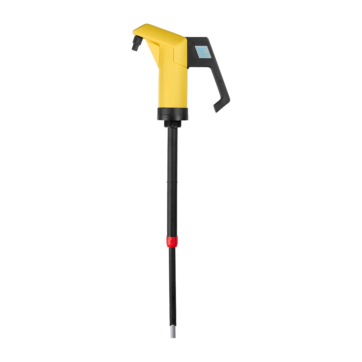 Yellow hand pump with black handle and stem, red marking, and blue window.