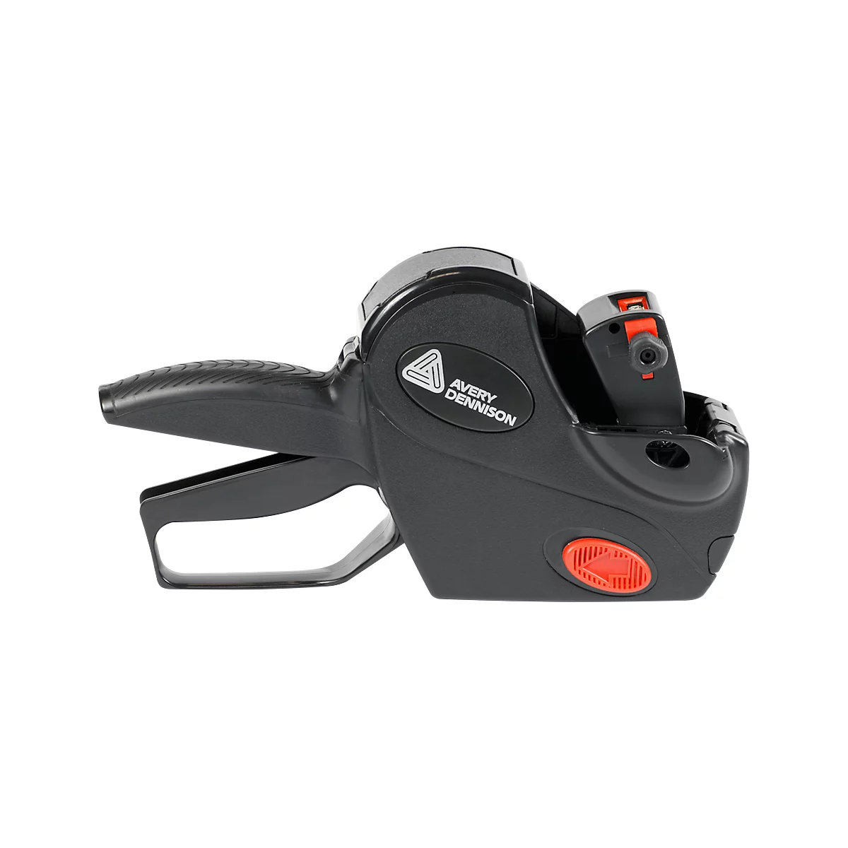 Black Avery Dennison price labeler. Details like red button and Avery Dennison logo are visible.