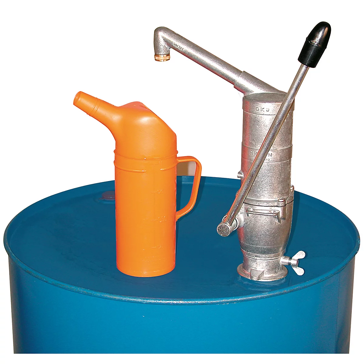 A silver hand pump and an orange watering can stand on a blue barrel. The pump has a black handle.