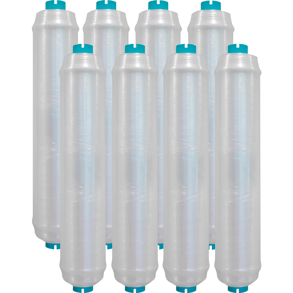 Eight white filter cartridges with turquoise lids.