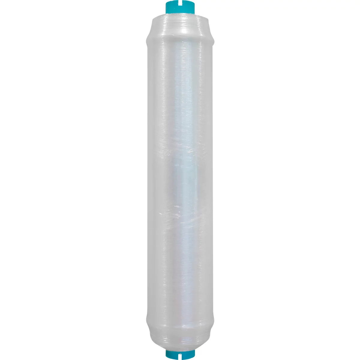 Cylindrical transparent filter with turquoise ends.