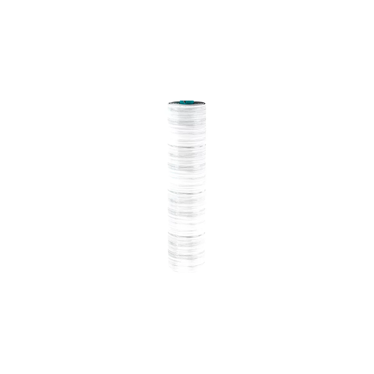 Roll of white fabric with a turquoise blue lid. The fabric is rolled up.