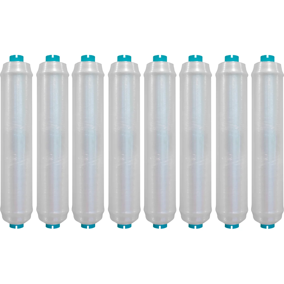 Eight white filter cartridges with turquoise closures. They stand side by side on a white background.