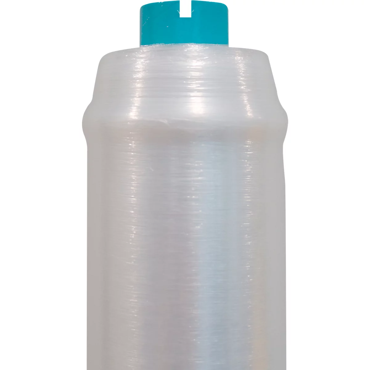 Roll of transparent plastic wrap with turquoise green closure, close up.