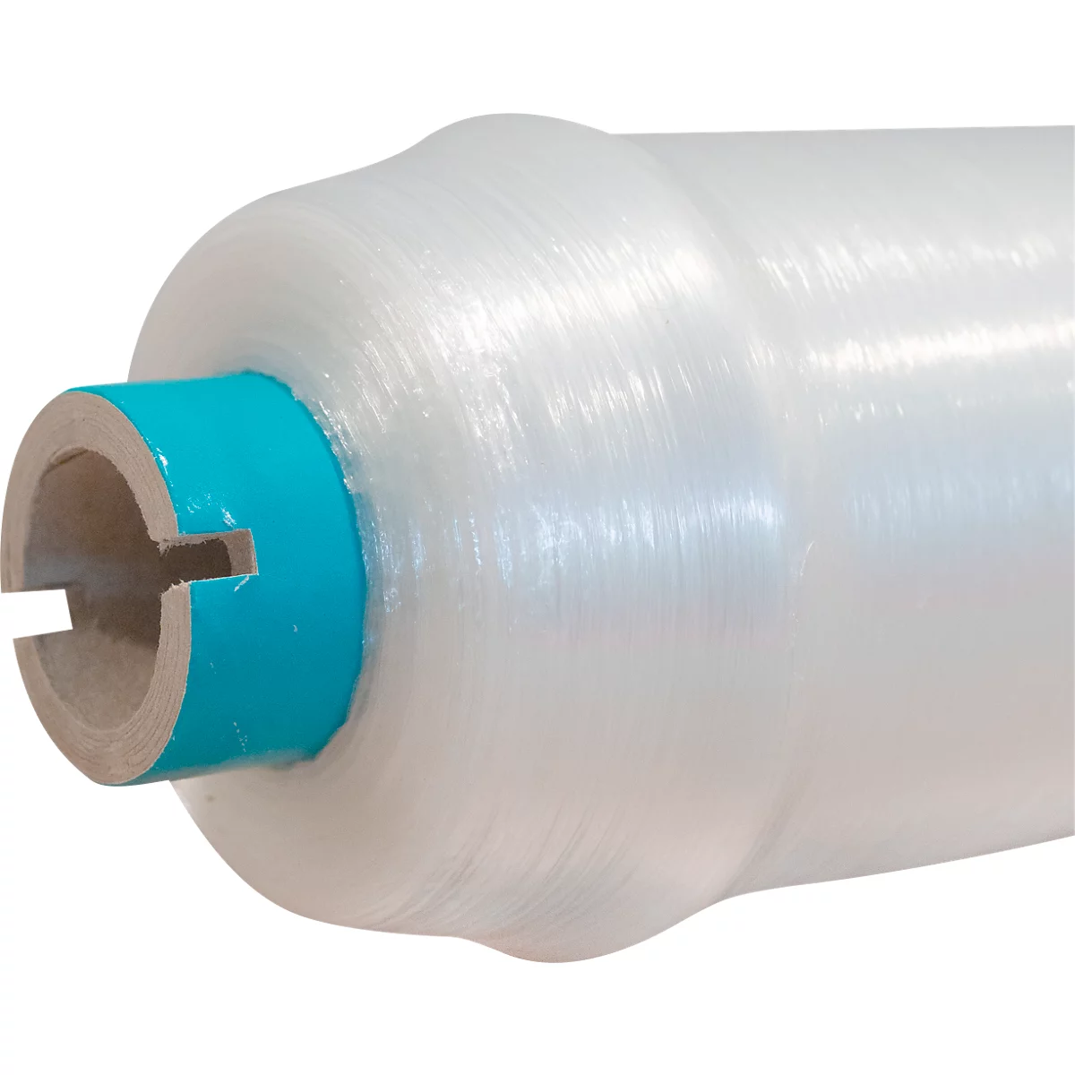 Close-up of a roll of transparent material with a blue ring and a notched recess.