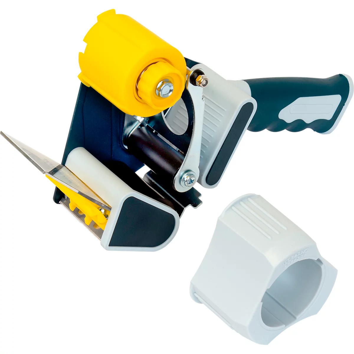 Handdispenser TransPak Twin Core, voor rolbreedte 50 mm &amp; rollengte 66/132/150 rm tot kern Ø 76 mm, veiligheidskartelmes, geluidsarm, metaal