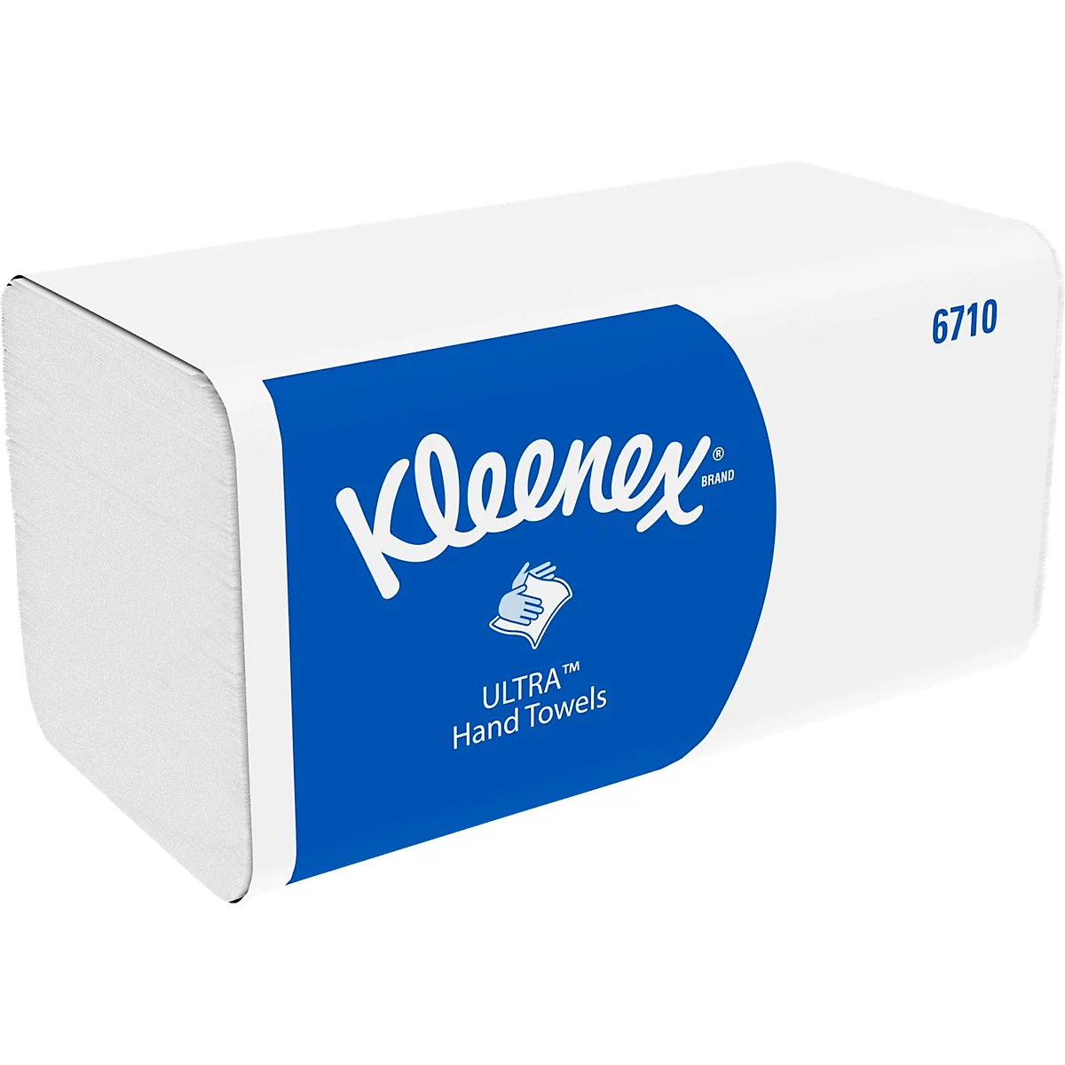 Witte Kleenex handdoekdoos met blauw etiket, Kleenex logo en "Ultra Hand Towels". Nummer 6710 staat erop.