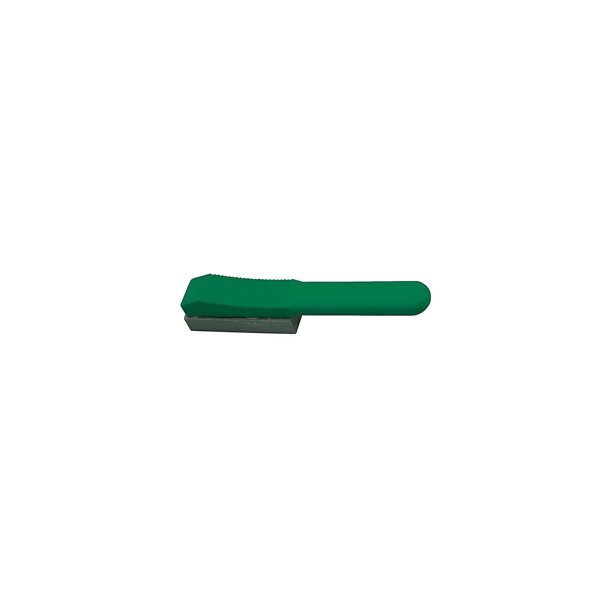 Een groene penhouder met een donkergrijs, rechthoekig sponsgedeelte.