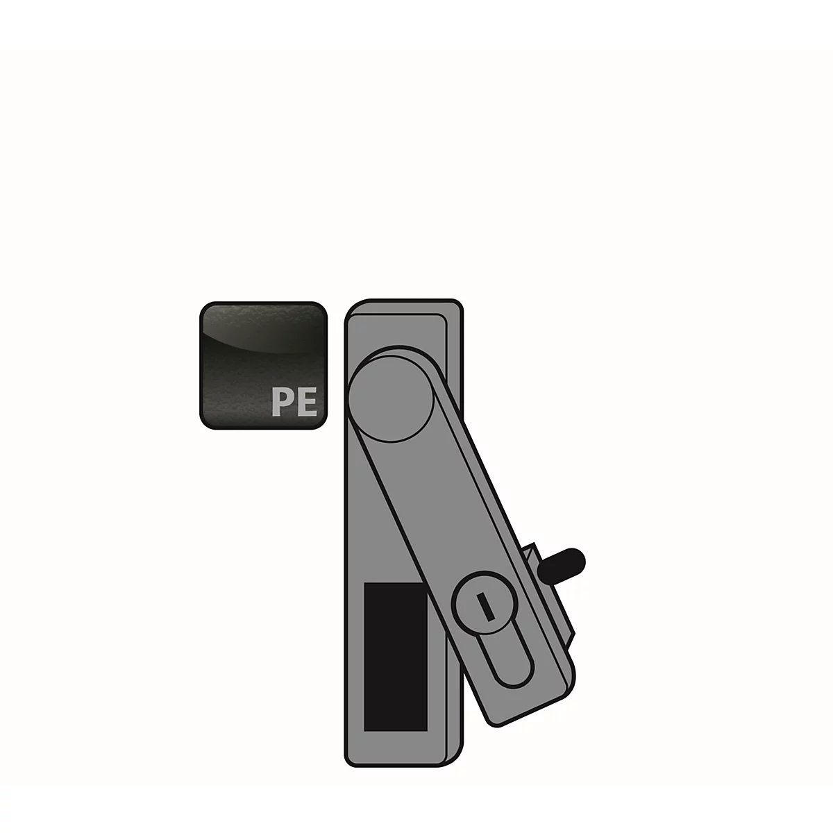 Gray latching device, next to a black square with the inscription PE.