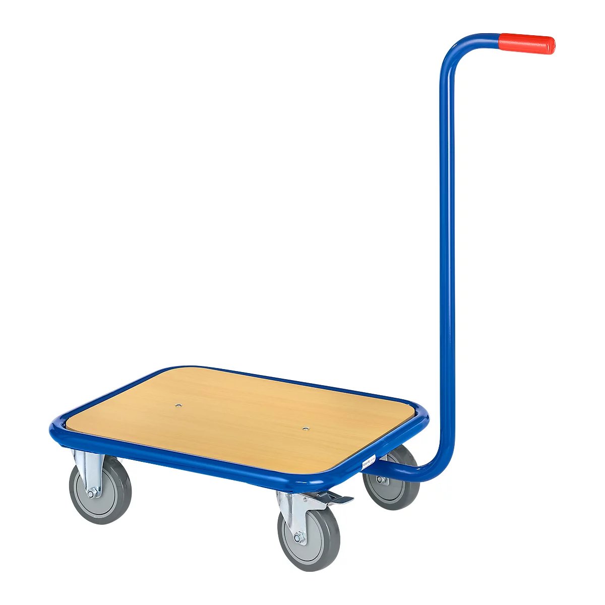 Blue painted transport cart with wooden plate and red handle. Four grey wheels.