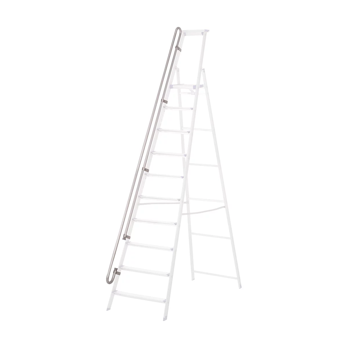 White household ladder with silver handrail.