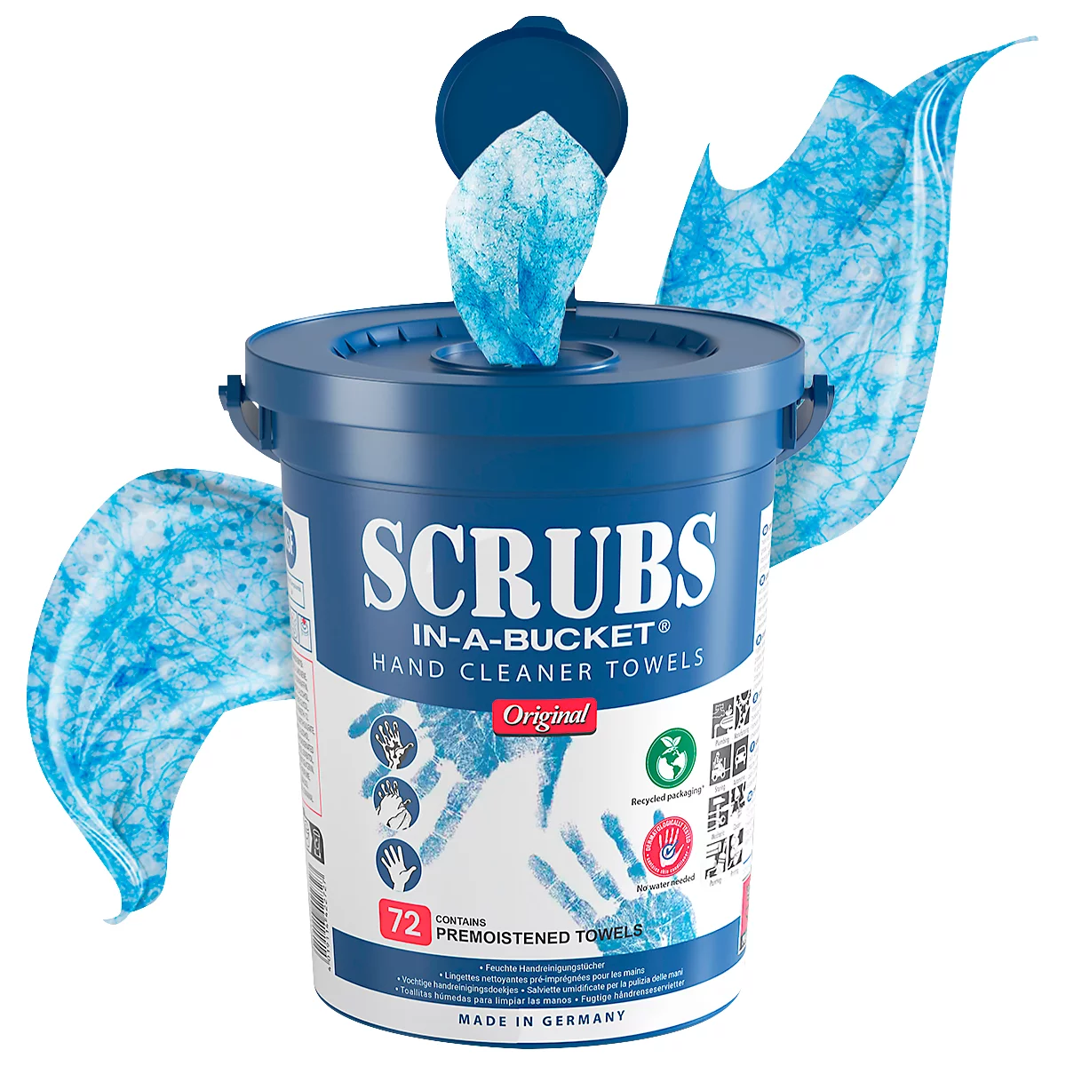 Blauer Eimer mit "SCRUBS"-Reinigungstüchern. Einige Tücher schauen heraus. "IN-A-BUCKET Hand Cleaner Towels" steht darauf.