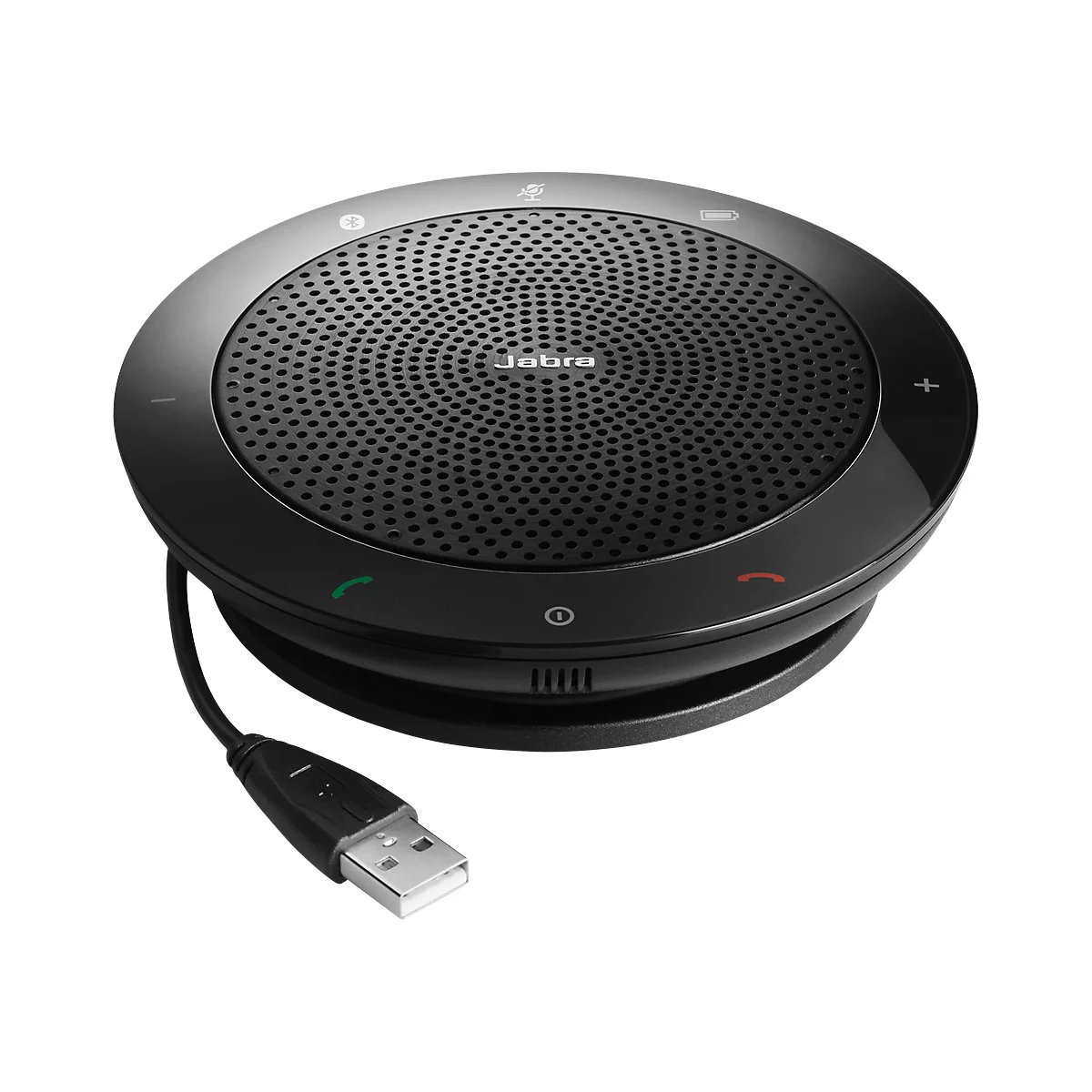 Black Jabra speaker with USB cable. Round design with perforated surface, logo, buttons, and ports.