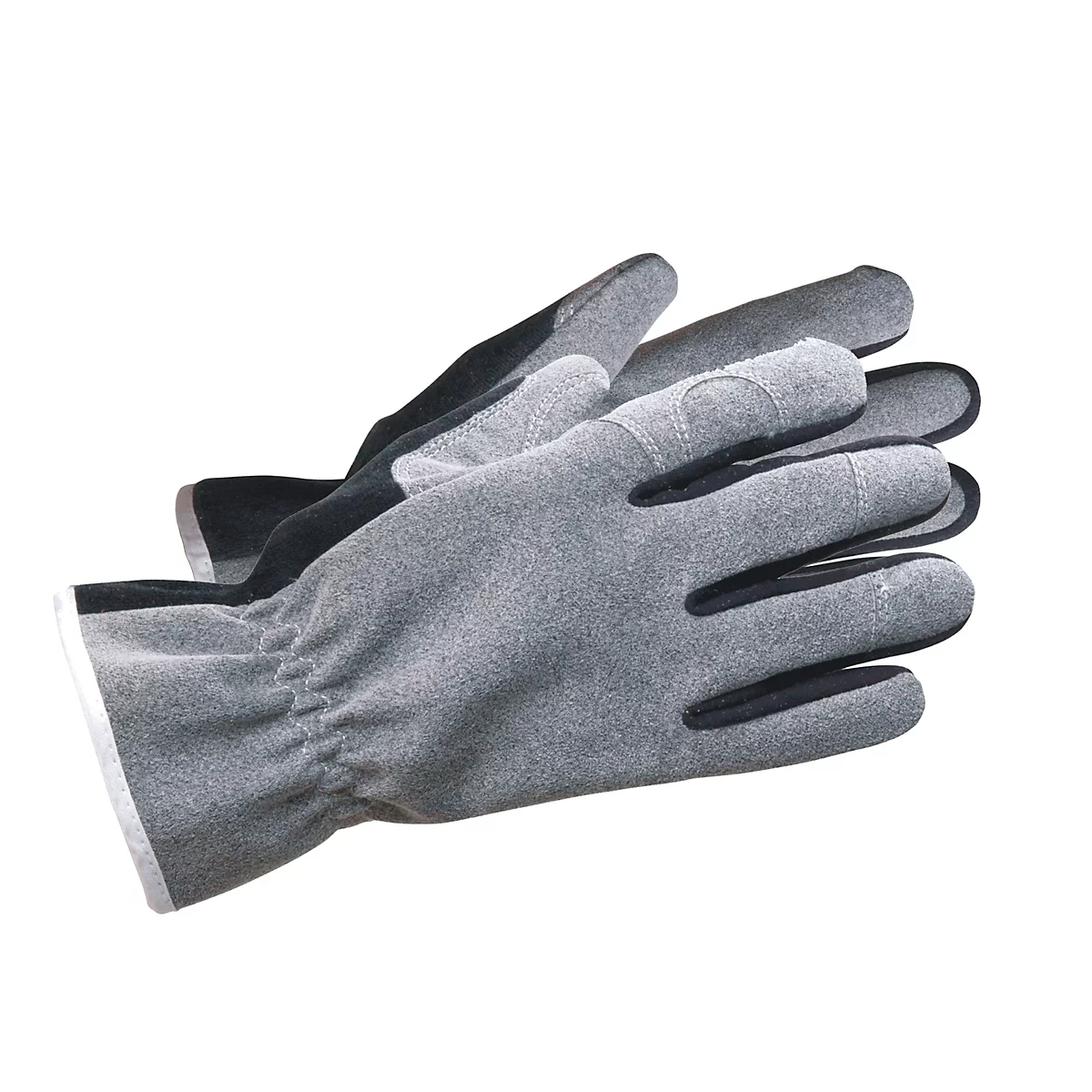 Grijze werkhandschoenen, met zwarte details. De zoom is wit. Op een witte achtergrond.