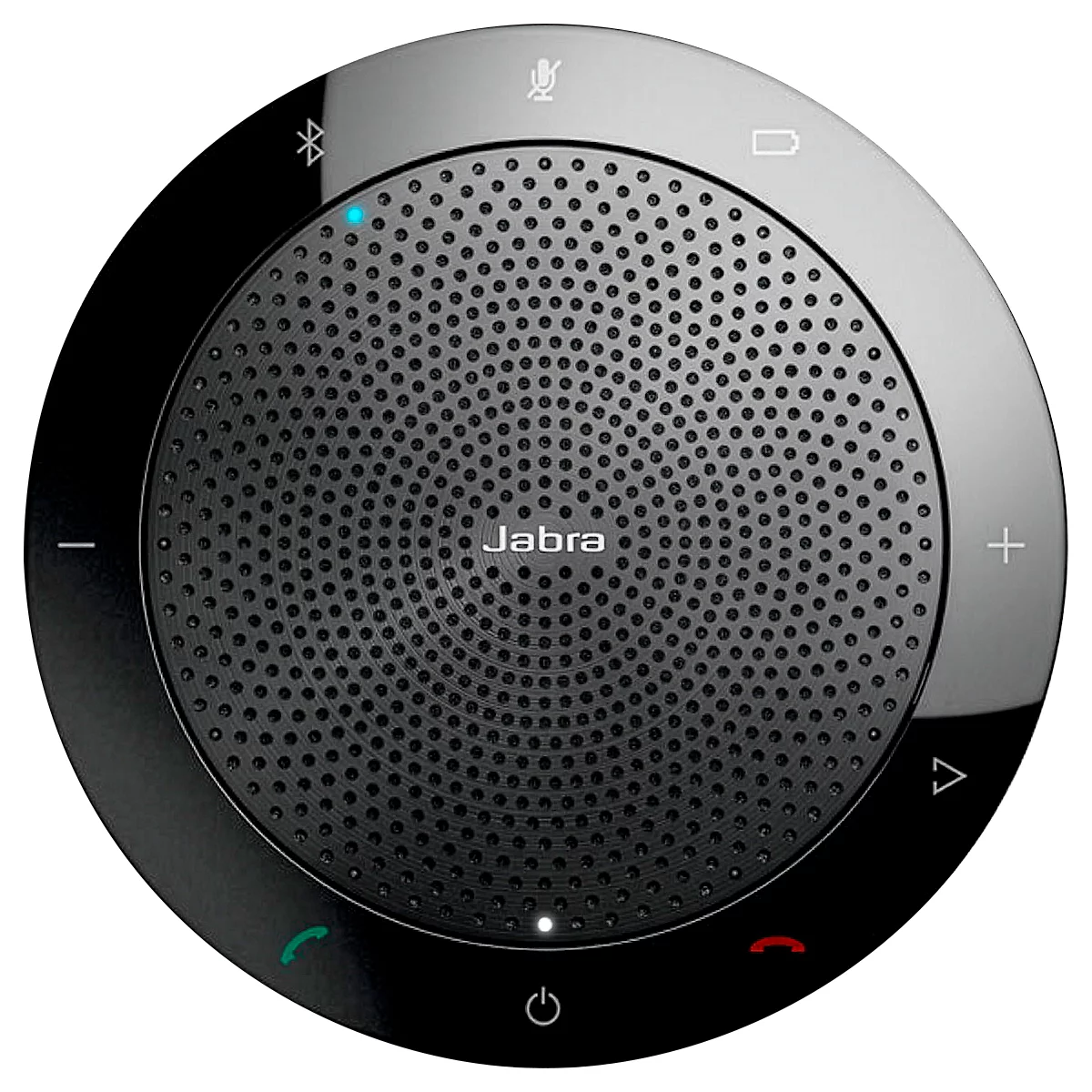 Ronde, zwarte Jabra-luidspreker. Merknaam op het geperforeerde oppervlak. Symbolen voor microfoon en Bluetooth staan bovenaan.