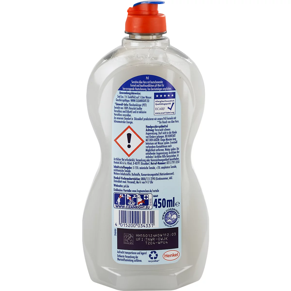 Handspülmittel Pril Sensitive Aloe Vera, hohe Fettlösekraft, besonders hautfreundlich, 450 ml in Recyclingflasche